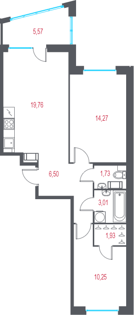 3-комнатная (Евро) квартира, 59.12 м² в ЖК "Город-спутник Южный" - планировка, фото №1