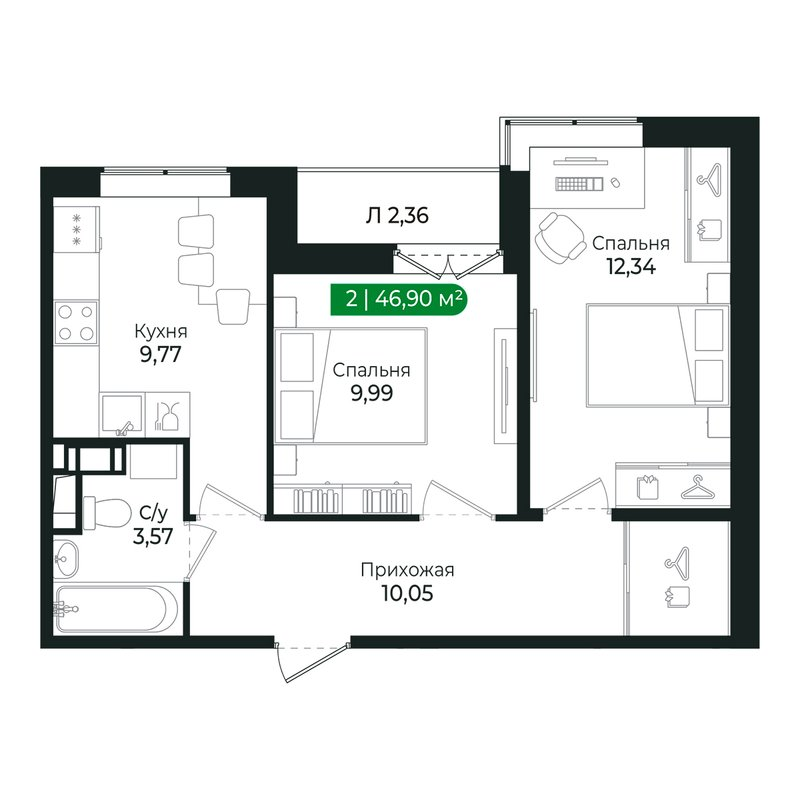 2-комнатная квартира, 45.9 м² в ЖК "Сертолово Парк" - планировка, фото №1