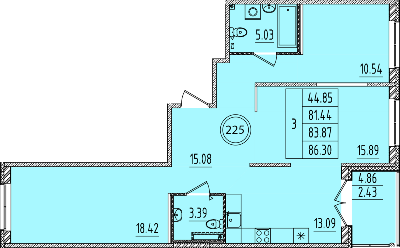 3-комнатная квартира, 81.44 м² - планировка, фото №1