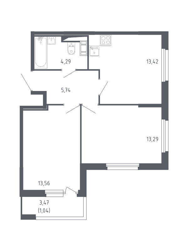 2-комнатная квартира, 51.34 м² - планировка, фото №1