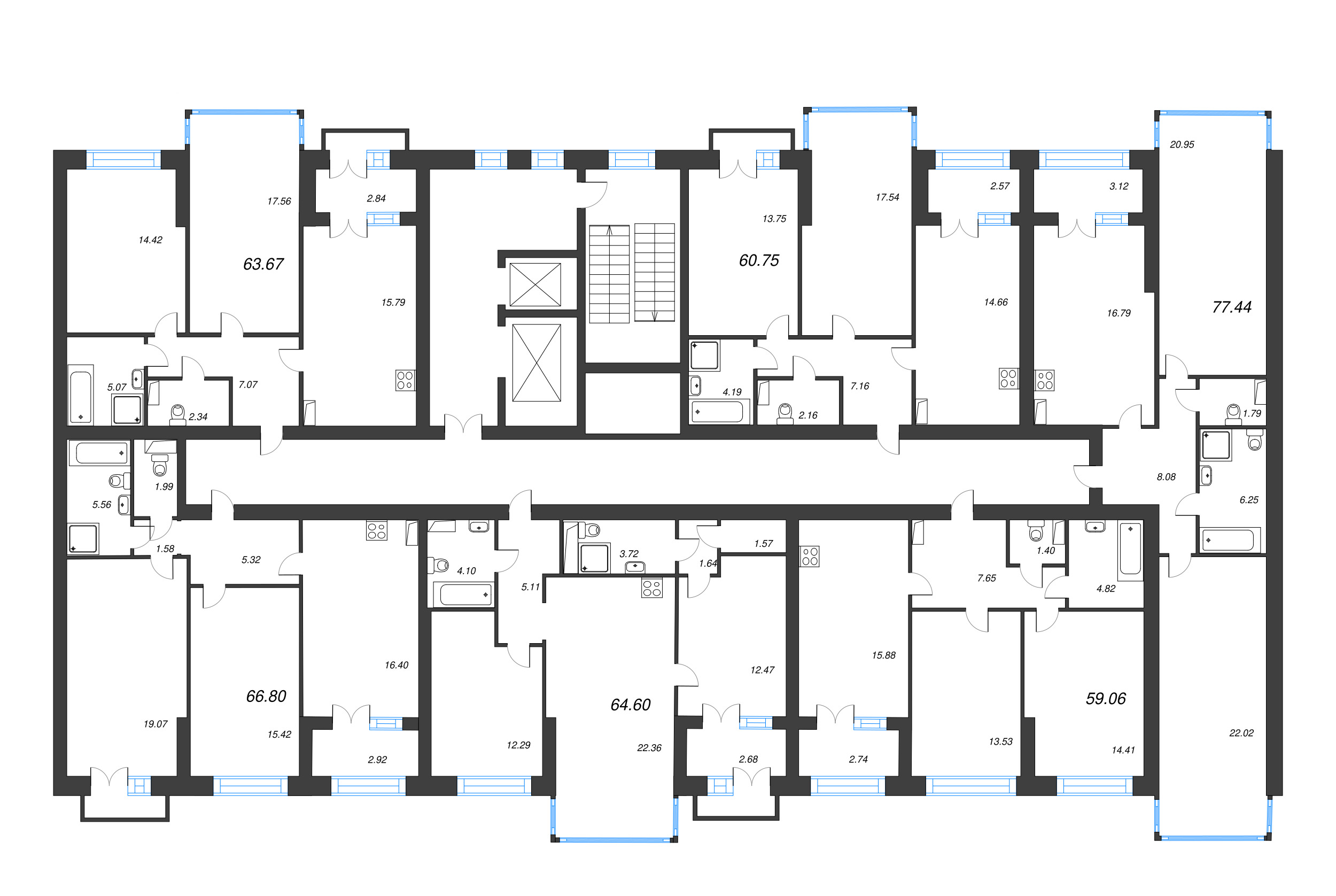 2-комнатная квартира, 60.75 м² - планировка этажа