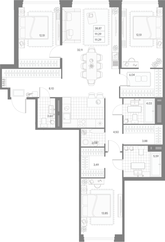 4-комнатная (Евро) квартира, 111.29 м² - планировка, фото №1
