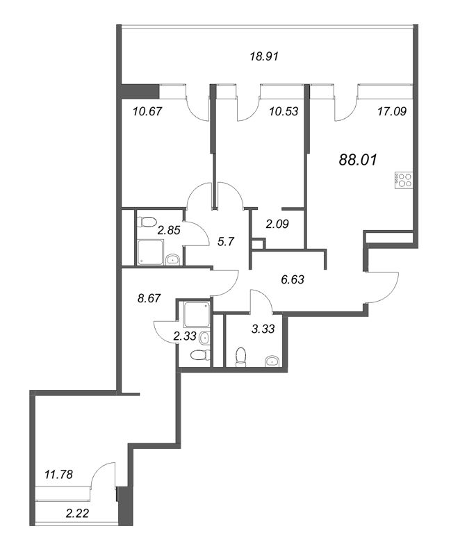 4-комнатная (Евро) квартира, 87.64 м² в ЖК "Avant" - планировка, фото №1