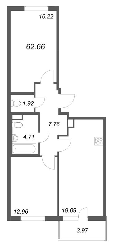 3-комнатная (Евро) квартира, 62.66 м² в ЖК "Ясно.Янино" - планировка, фото №1