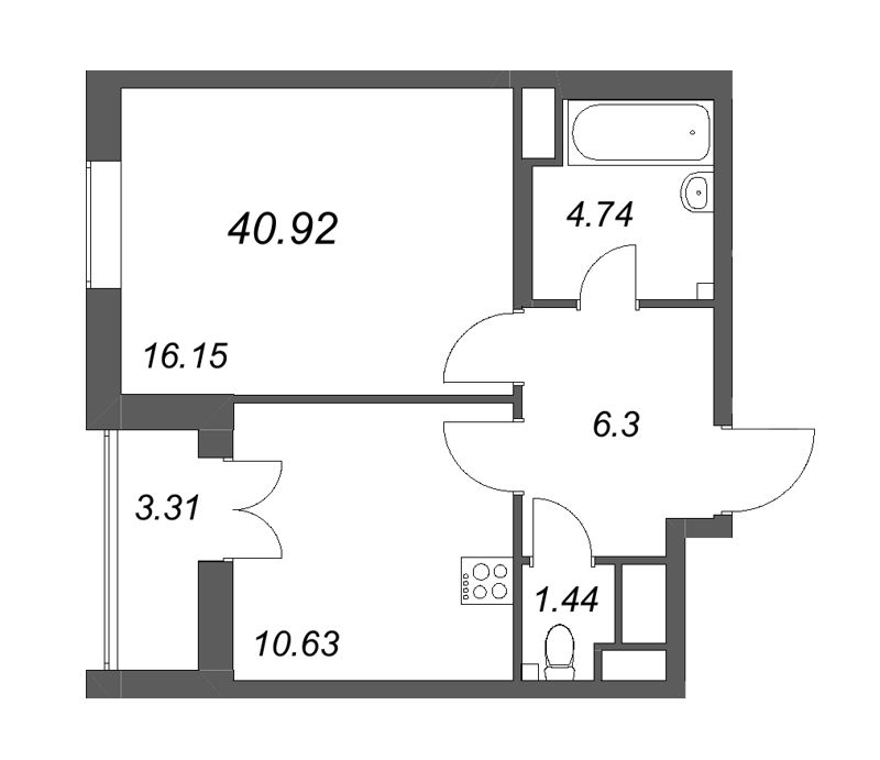 1-комнатная квартира, 40.92 м² - планировка, фото №1