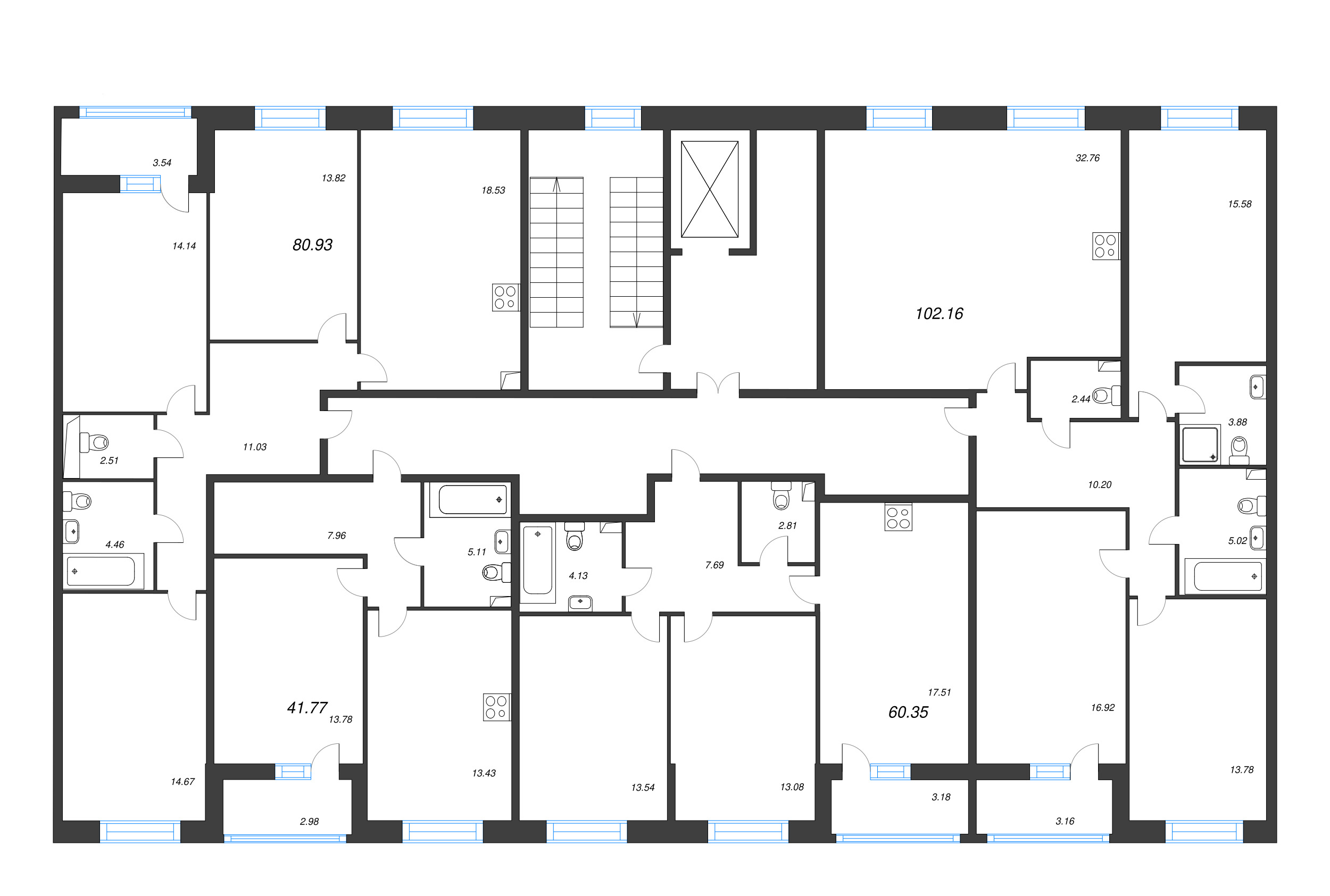 3-комнатная (Евро) квартира, 60.35 м² - планировка этажа