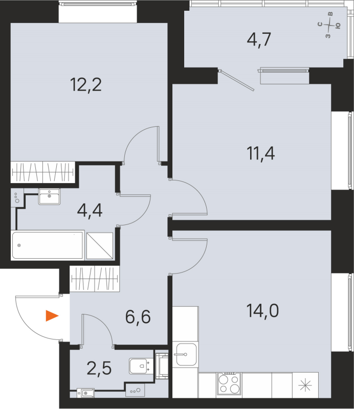 2-комнатная квартира, 51.1 м² в ЖК "М36" - планировка, фото №1