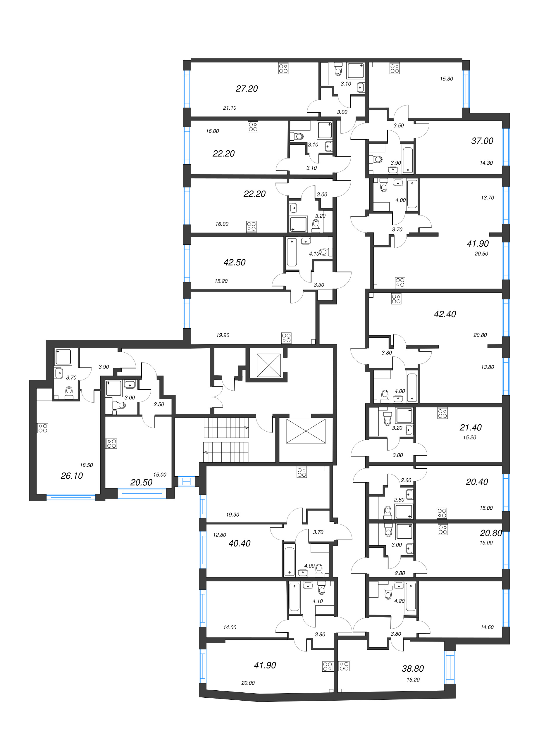 2-комнатная (Евро) квартира, 40.4 м² - планировка этажа