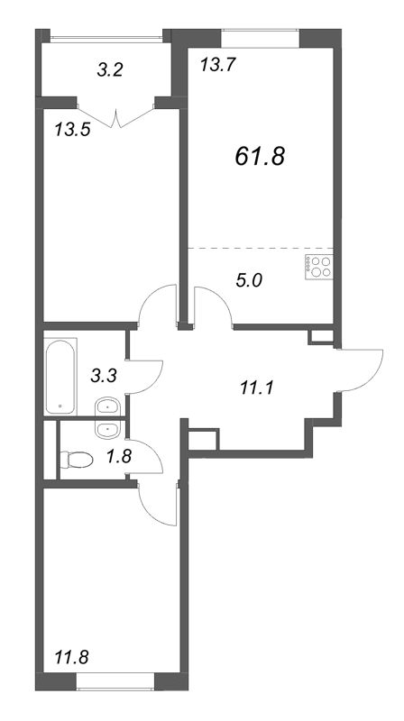 3-комнатная (Евро) квартира, 61.8 м² в ЖК "Пулково Lake" - планировка, фото №1