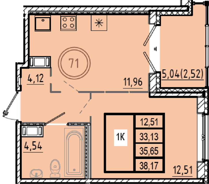 1-комнатная квартира, 33.13 м² в ЖК "Образцовый квартал 9.1" - планировка, фото №1