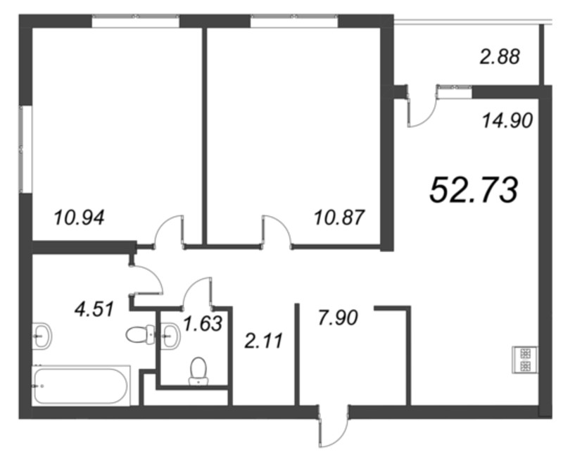 3-комнатная (Евро) квартира, 52.73 м² - планировка, фото №1