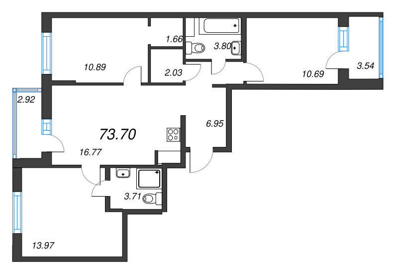 4-комнатная (Евро) квартира, 73.7 м² - планировка, фото №1