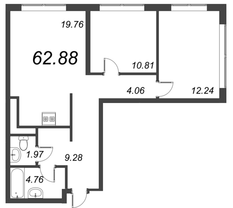 3-комнатная (Евро) квартира, 65.6 м² - планировка, фото №1