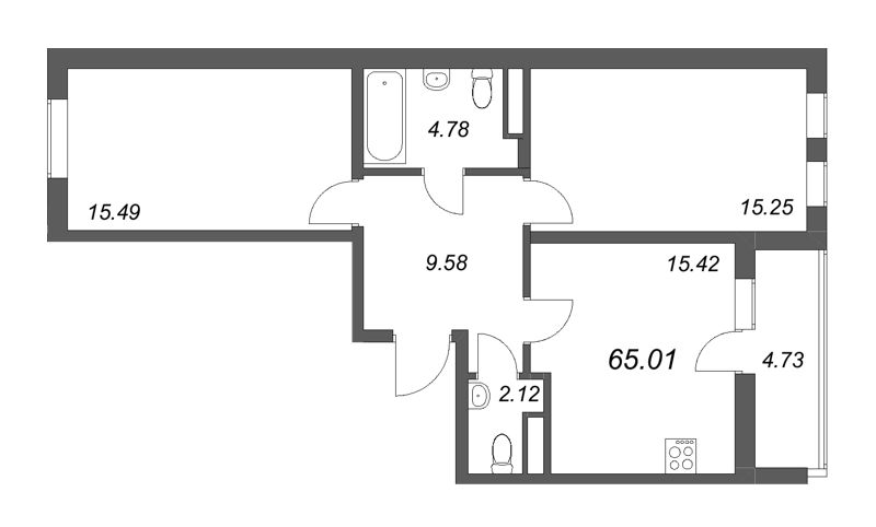 3-комнатная (Евро) квартира, 65.01 м² - планировка, фото №1