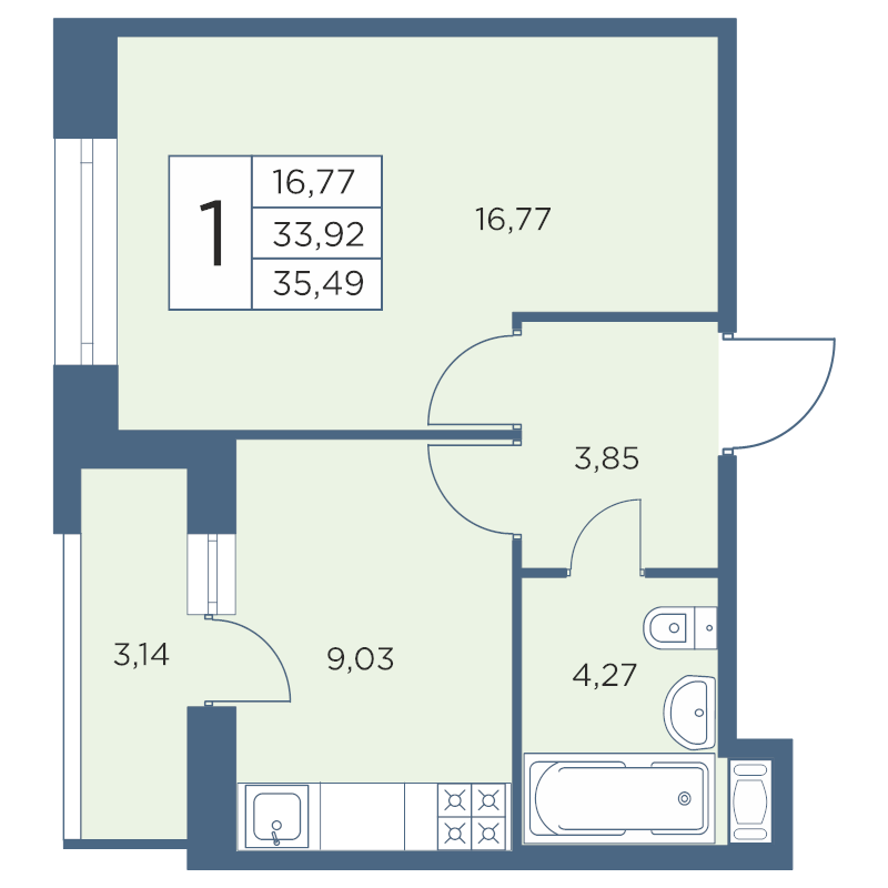 1-комнатная квартира, 35.49 м² - планировка, фото №1
