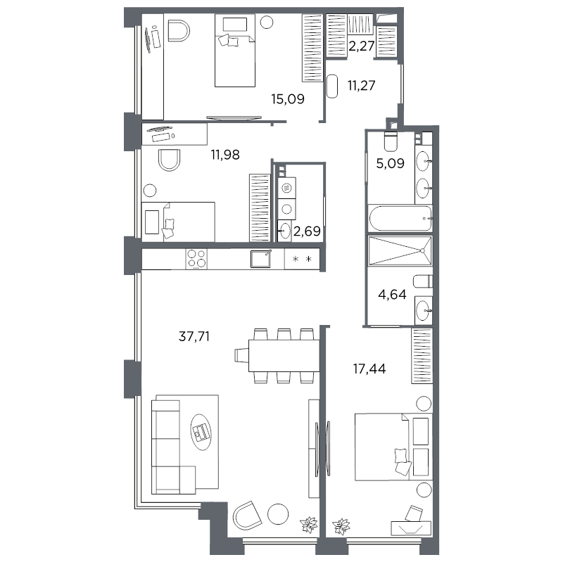 4-комнатная (Евро) квартира, 108.18 м² в ЖК "Акватория" - планировка, фото №1
