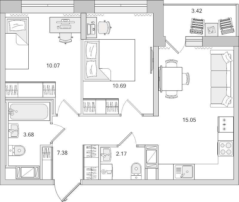 3-комнатная (Евро) квартира, 49.04 м² - планировка, фото №1