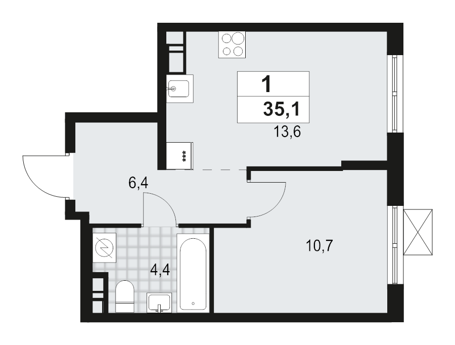 1-комнатная квартира, 35.1 м² - планировка, фото №1