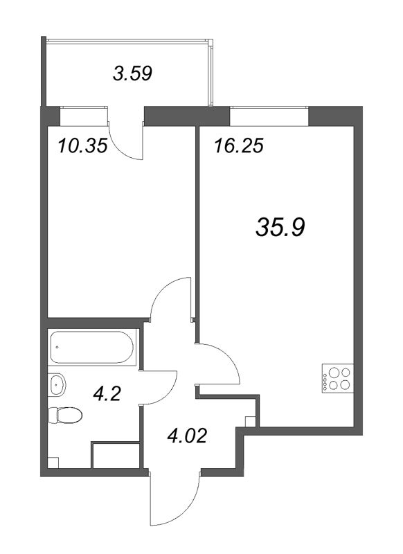 2-комнатная (Евро) квартира, 35.9 м² - планировка, фото №1