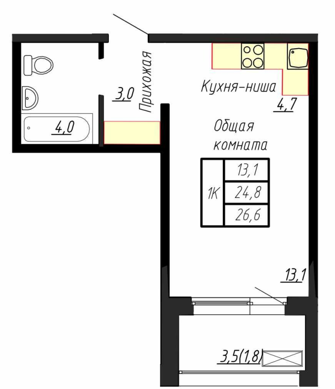Квартира-студия, 26.6 м² в ЖК "Сибирь" - планировка, фото №1
