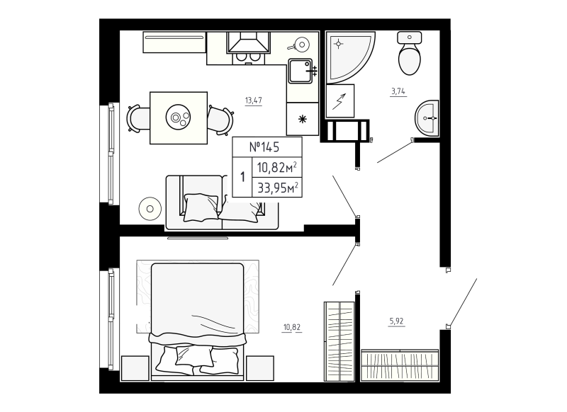1-комнатная квартира, 33.95 м² в ЖК "Аннино Сити" - планировка, фото №1