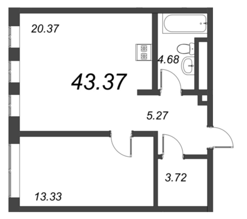 2-комнатная (Евро) квартира, 49.7 м² - планировка, фото №1