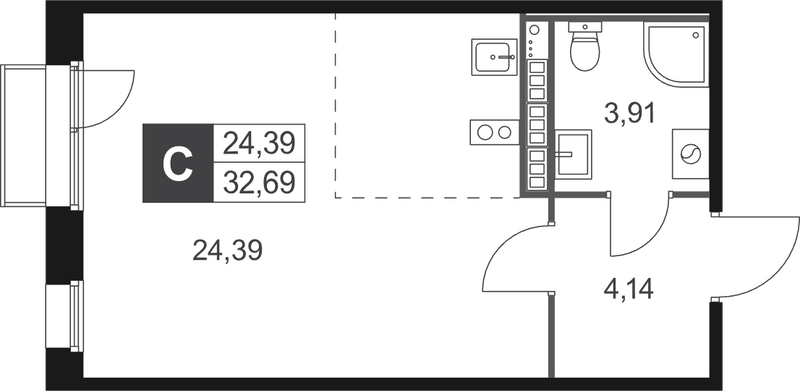 Квартира-студия, 32.69 м² в ЖК "Слобода" - планировка, фото №1
