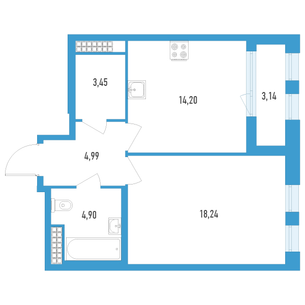 1-комнатная квартира, 47.35 м² - планировка, фото №1