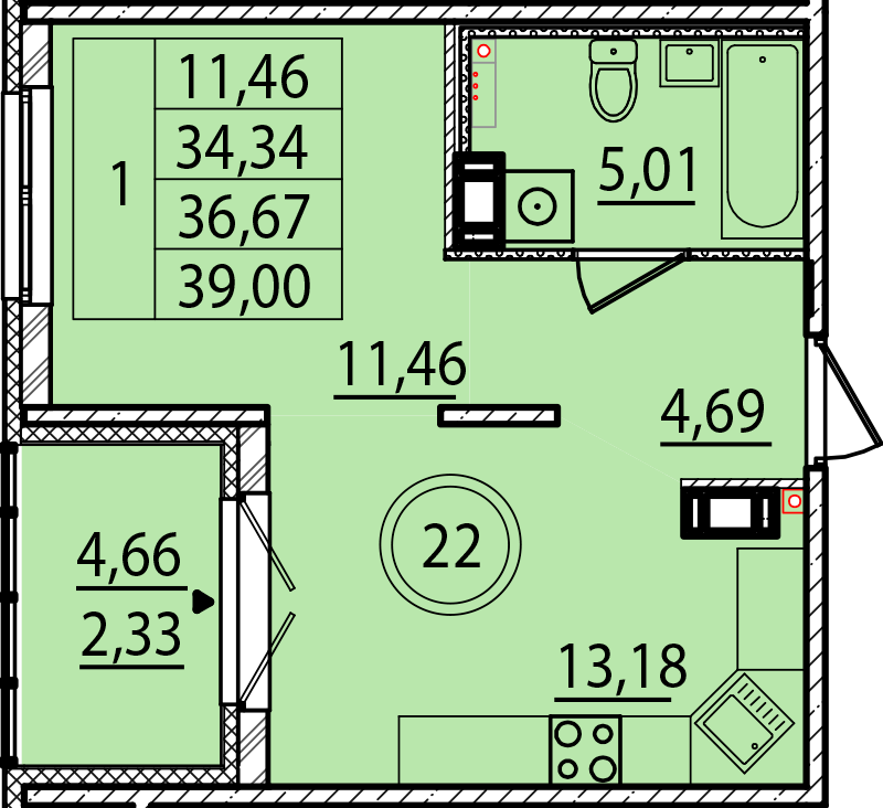 1-комнатная квартира, 34.34 м² в ЖК "Образцовый квартал 15" - планировка, фото №1