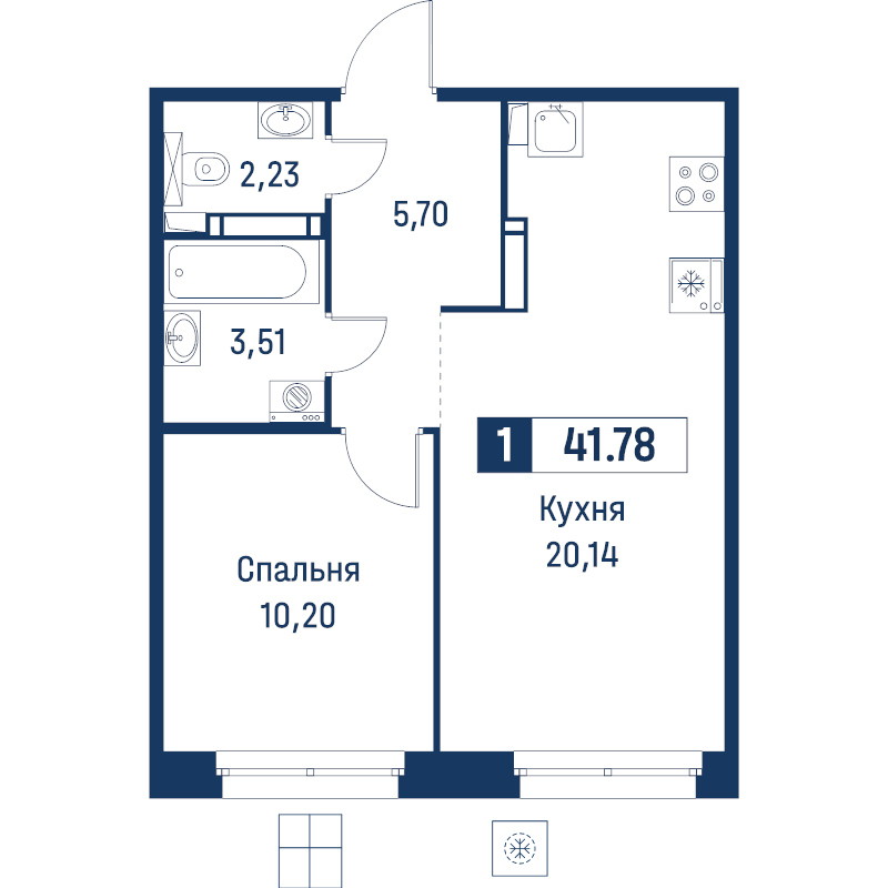 2-комнатная (Евро) квартира, 41.78 м² в ЖК "Символист" - планировка, фото №1