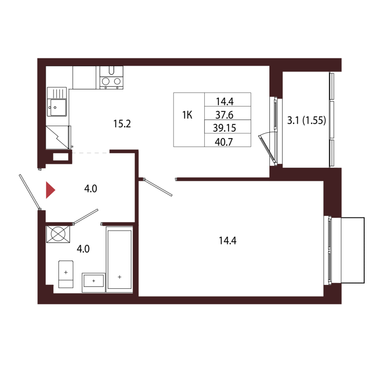 2-комнатная (Евро) квартира, 39.15 м² в ЖК "Лисино" - планировка, фото №1