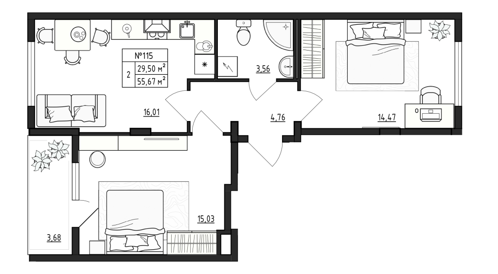 3-комнатная (Евро) квартира, 55.67 м² - планировка, фото №1