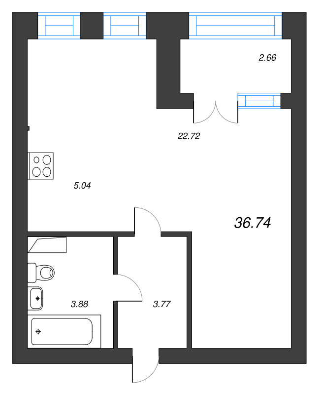 1-комнатная квартира, 36.74 м² в ЖК "Наука" - планировка, фото №1