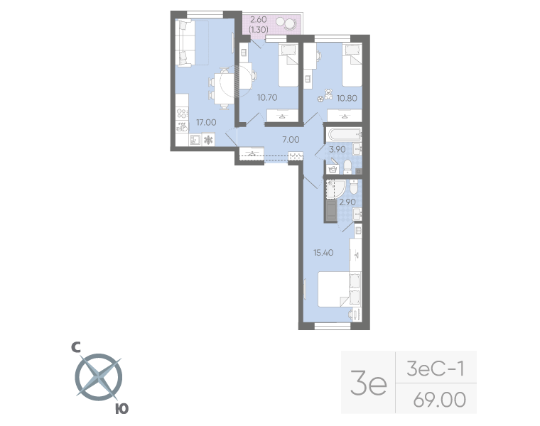 4-комнатная (Евро) квартира, 69 м² в ЖК "Ручьи" - планировка, фото №1