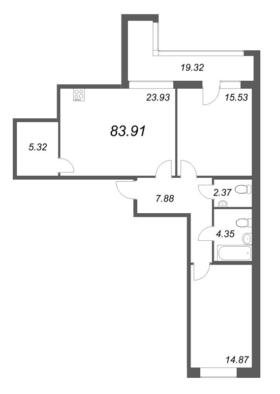 3-комнатная (Евро) квартира, 83.91 м² в ЖК "Аквилон Leaves" - планировка, фото №1