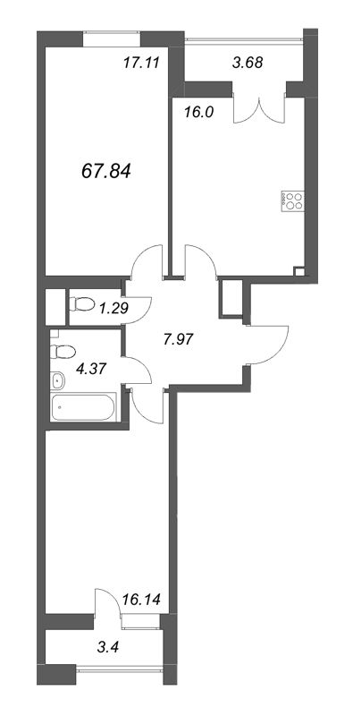 2-комнатная квартира, 67.84 м² - планировка, фото №1