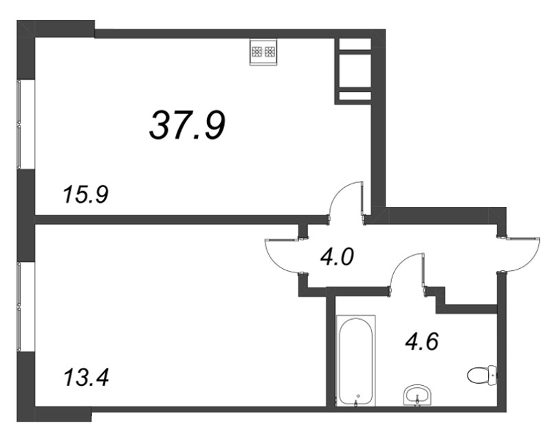 2-комнатная (Евро) квартира, 37.9 м² в ЖК "Парусная 1" - планировка, фото №1