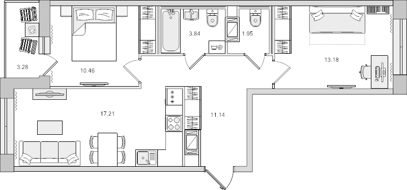3-комнатная (Евро) квартира, 57.78 м² в ЖК "Новые горизонты" - планировка, фото №1