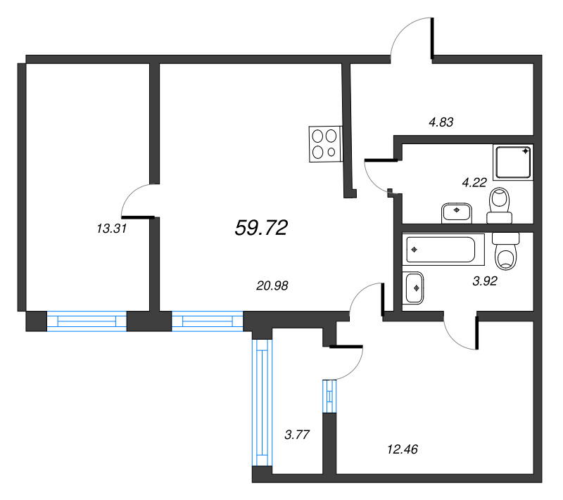 3-комнатная (Евро) квартира, 55.83 м² - планировка, фото №1