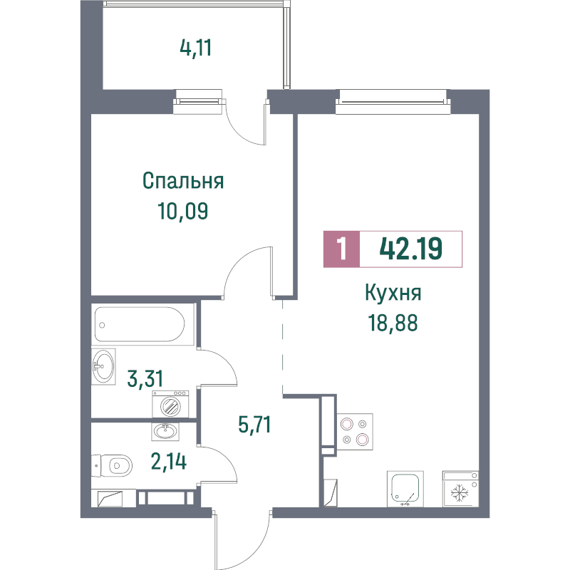 2-комнатная (Евро) квартира, 42.19 м² - планировка, фото №1