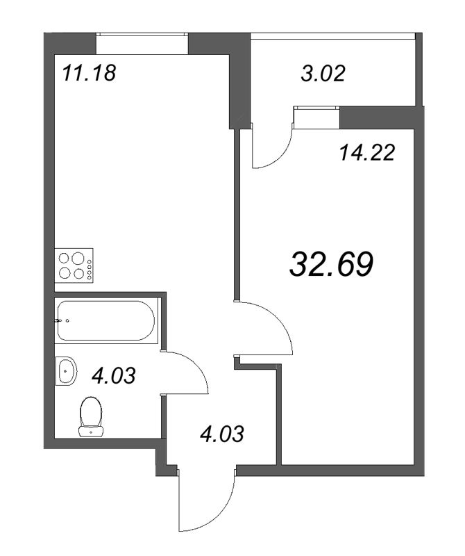 1-комнатная квартира, 32.69 м² в ЖК "Новые горизонты" - планировка, фото №1