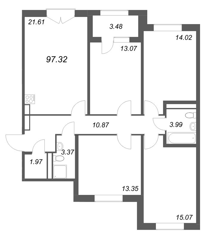 5-комнатная (Евро) квартира, 97.32 м² в ЖК "Дубровский" - планировка, фото №1