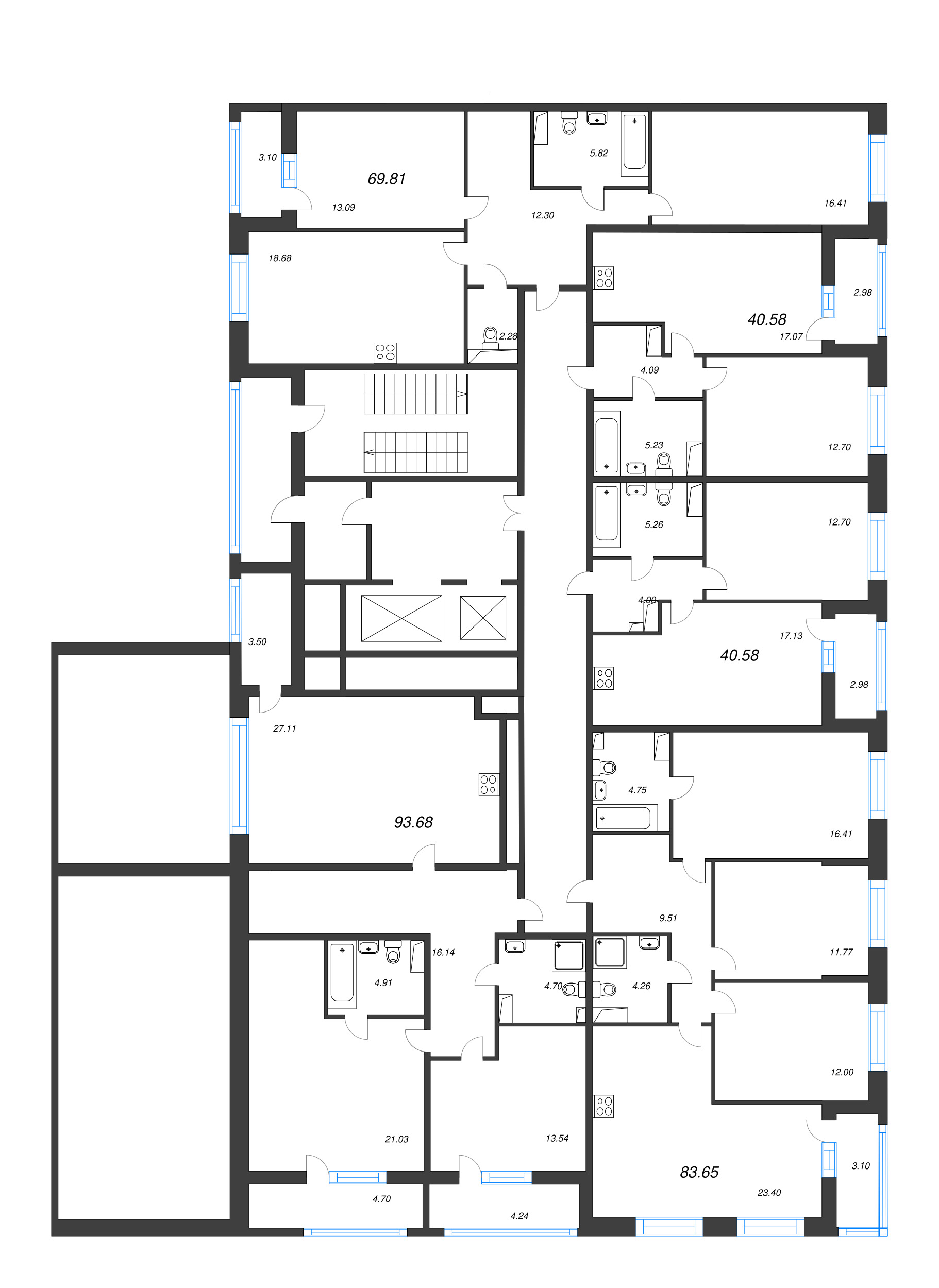 3-комнатная (Евро) квартира, 69.81 м² - планировка этажа