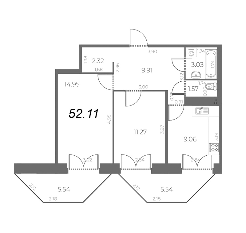 2-комнатная квартира, 55.45 м² - планировка, фото №1