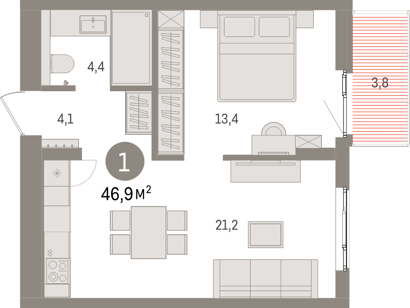 2-комнатная (Евро) квартира, 46.9 м² в ЖК "Брусника в Новоселье" - планировка, фото №1