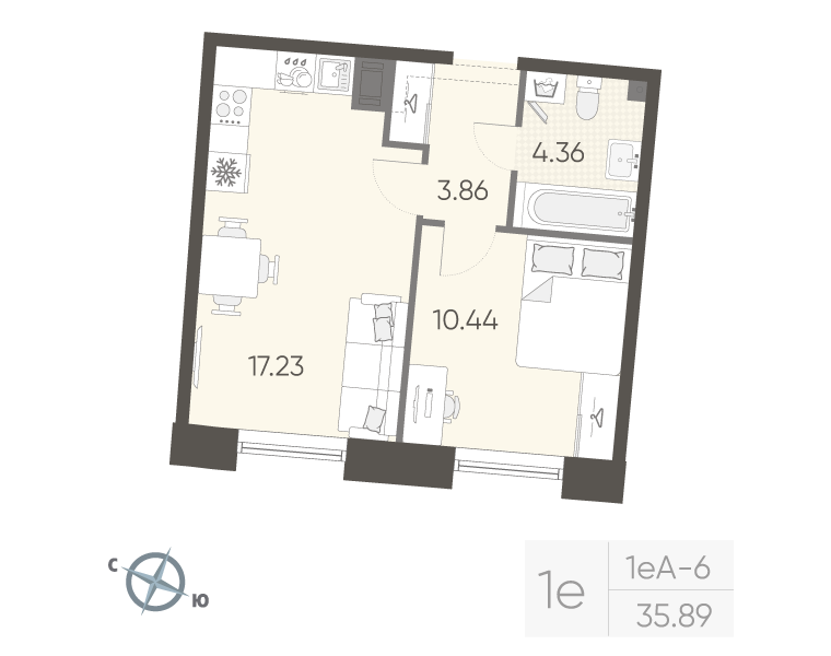 2-комнатная (Евро) квартира, 35.89 м² в ЖК "Бульвар Грина" - планировка, фото №1
