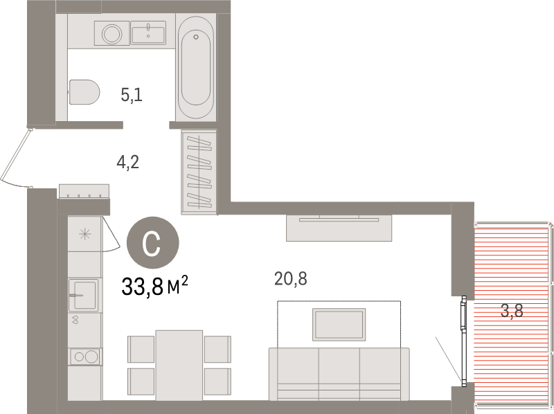Квартира-студия, 33.8 м² в ЖК "Брусника в Новоселье" - планировка, фото №1