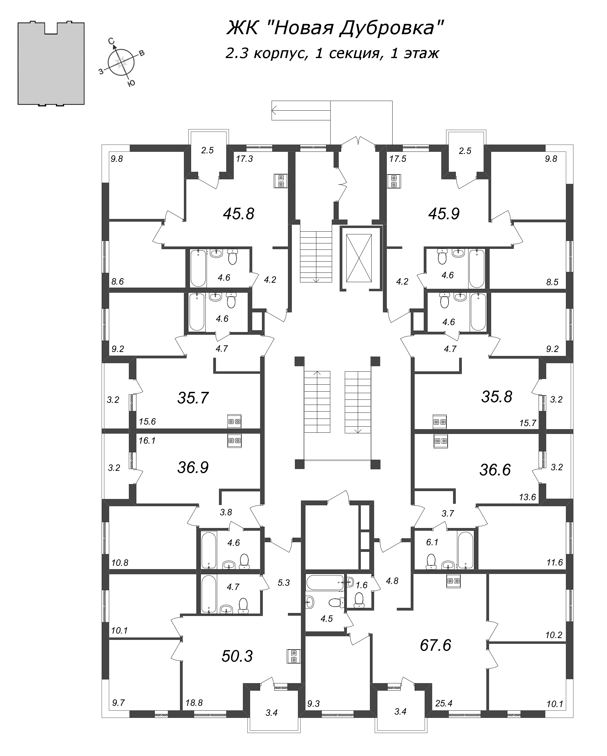 2-комнатная (Евро) квартира, 36.9 м² в ЖК "Новая Дубровка" - планировка этажа