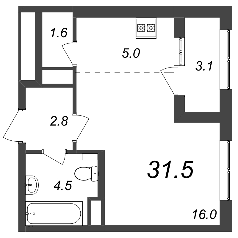 Квартира-студия, 31.3 м² в ЖК "Галактика" - планировка, фото №1