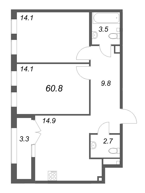 3-комнатная (Евро) квартира, 60.8 м² в ЖК "Кронунг ЮГ" - планировка, фото №1